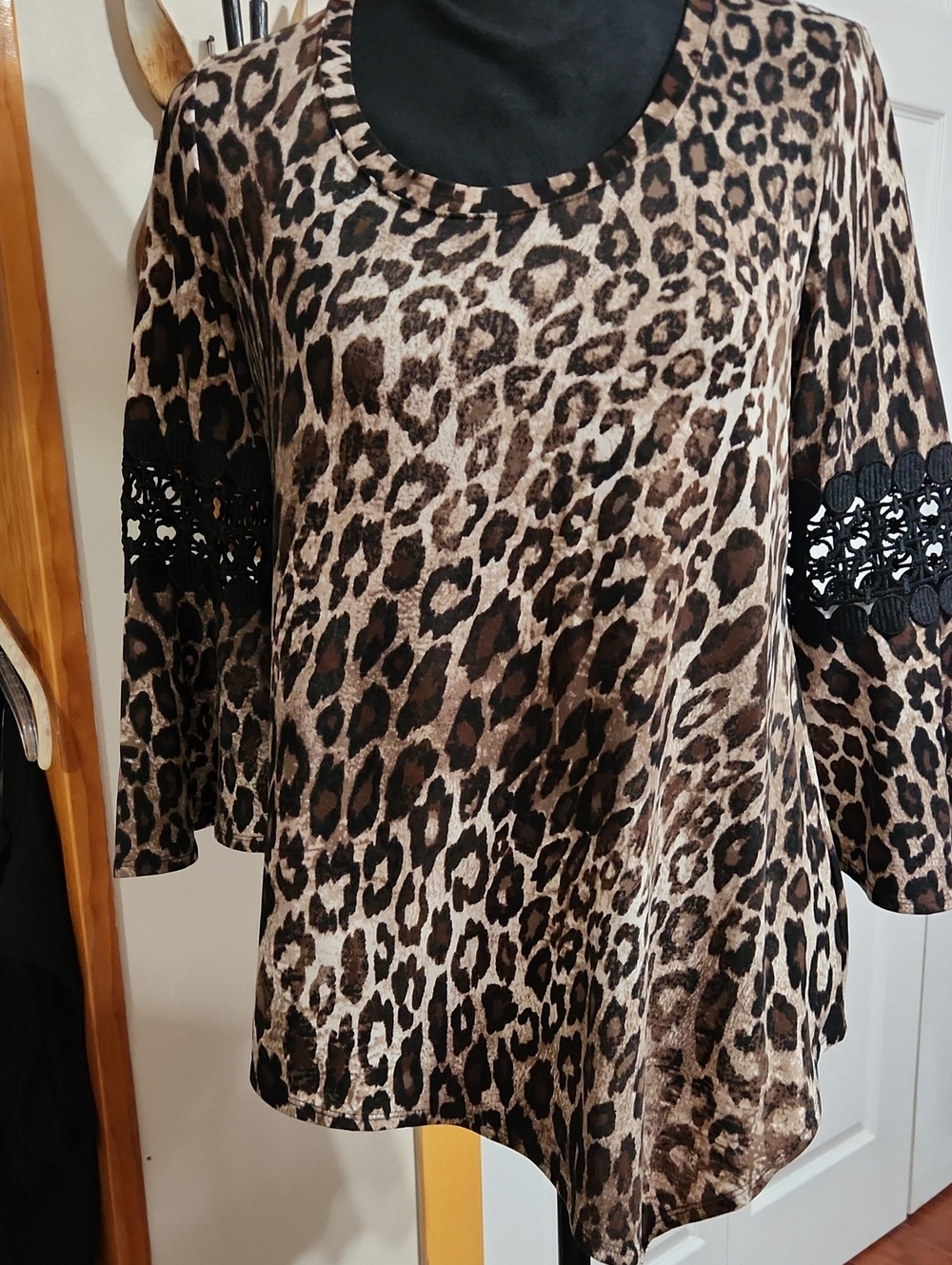 new directions Brown Leopard Print Tunic with Black Crochet Sleeve Detail